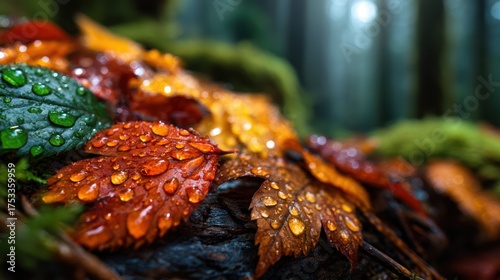 Lush autumn leaves in various colors adorned with droplets of water, capturing the beauty and tranquility of a forest after a refreshing rain shower.