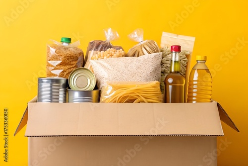 Donation box full of non perishable food items on yellow background