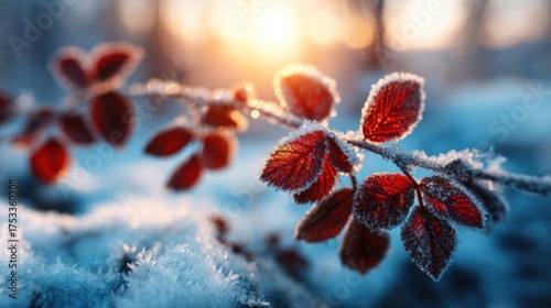 This enchanting image features frost-kissed red leaves glistening in a winter landscape, creating a serene and magical atmosphere that invites viewers to appreciate nature's beauty.