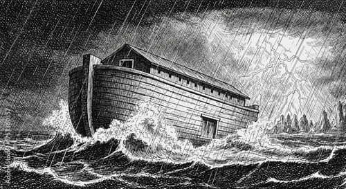 Sketch, Noah's Ark, the Great Flood, then Noah, black and white engraving, vector illustration