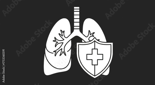 Illustration of lungs with a shield and cross symbol on a black background, representing health and protection.