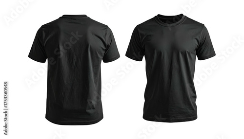 Two views of a plain, black t-shirt, front and back, presented against a dark backdrop
