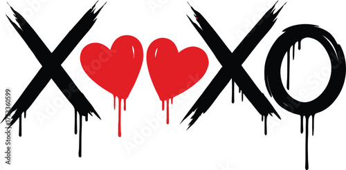 Hugs and Kisses XO with Dripping Red Heart Shapes on White Background