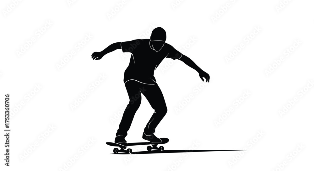 Obraz premium Skateboarder Silhouette on White. Dynamic black and white illustration of a person skateboarding, urban action sport concept.