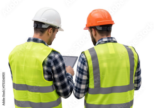 Two construction workers in safety gear reviewing plans on a tablet, isolated on transparent background, highlighting teamwork and project management