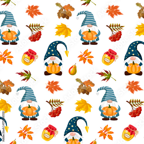 Gnomes with pumpkins and fall leaves for Thanksgiving.Vector seamless pattern with gnomes and autumn decor on a white background.