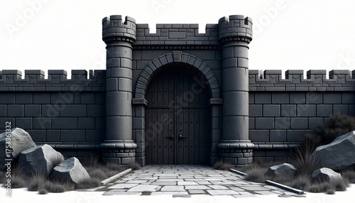 massiv dark ancient castle door gate isolated on white background