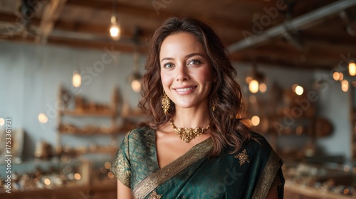 Wallpaper Mural A stunning woman gracefully poses in a green saree adorned with golden embellishments, set in a warm artisan shop filled with handcrafted jewelry and cultural charm. Torontodigital.ca