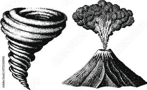 cyclone twisting volcano halftone stipple effect vector illustration. urban vector Png with clear background, storm 2000s photocopy grunge tattoo gen z effect