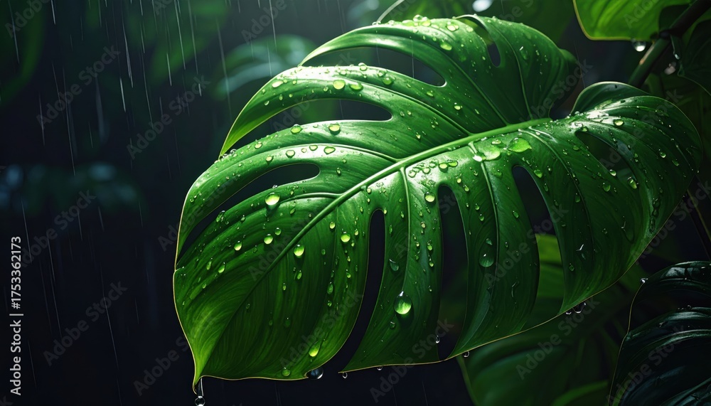 Obraz premium Water dripping from a wet tropical Monstera leaf during a downpour in the rainforest