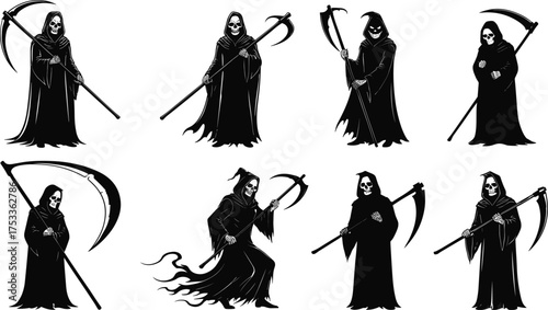 Stylized Grim Reaper Silhouettes with Scythes and Flowing Robes – Death Symbol Vector Set for Halloween, Horror, and Gothic Themes