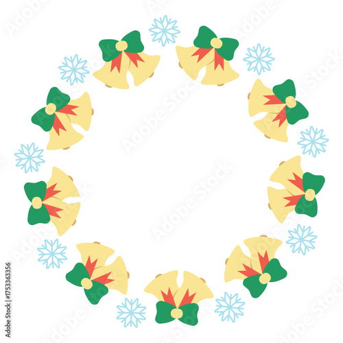 Festive round frame with bells and snowflakes. Vector illustration. Christmas decor wreath. New Year garland with holiday decorations.