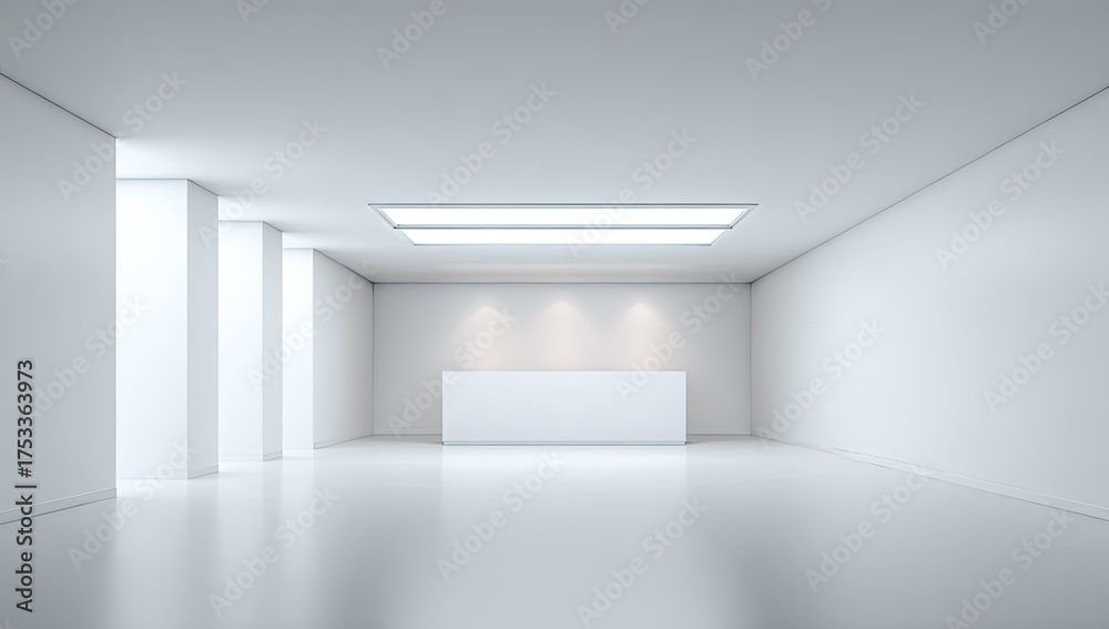 Fototapeta premium A minimalist, all-white reception area featuring a desk and rectangular overhead lighting