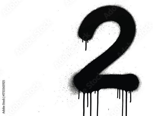 Number Two Black Spray Paint Dripping Graffiti Style Isolated On White Background