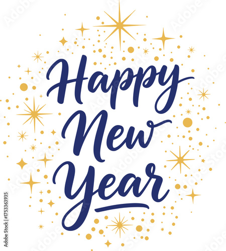 Vector art of happy new year text with golden sparkle and confetti