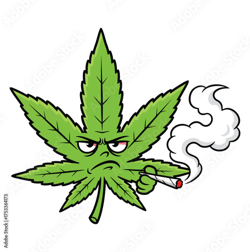 Marijuana cannabis leaf weed pot joint smoking angry cartoon character drug illegal medical sativa indica thc on white background