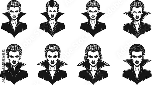 Stylized Vampire Character Silhouettes with Slicked Hair and High Collars – Gothic Horror Vector Set for Halloween and Design Themes