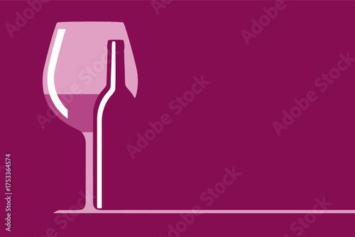 A wine glass and wine bottle are seen in a graphic design with copy space and text area.