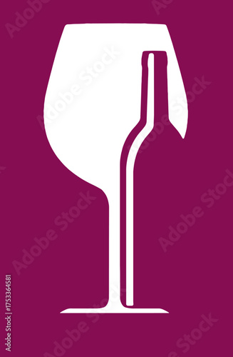 A wine glass and wine bottle are seen in a graphic design with copy space and text area.