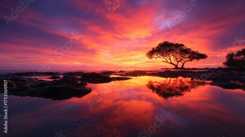 Solitary tree silhouetted against a vibrant sunset reflected in calm water.