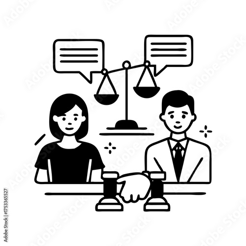 Vector art of legal dispute resolution with justice scales and lawyer
