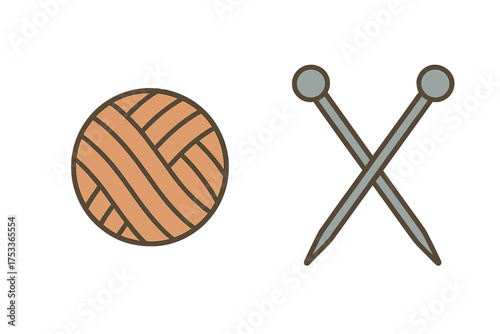 Knitting tools showing ball of yarn and crossed needles for textile craft