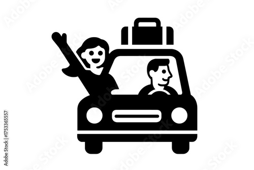 Couple driving car on road trip with luggage on the roof waving hello or goodbye