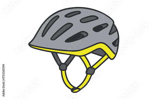 Gray and yellow bicycle helmet with ventilation holes and adjustable chin strap isolated on white