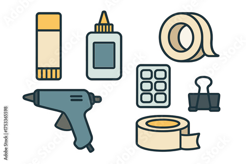 Essential crafting and office supplies set featuring adhesives, tapes, and binder clip