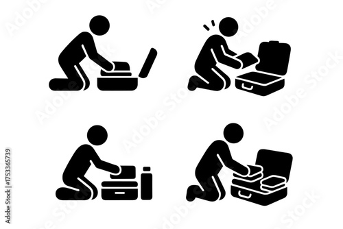 Person struggling to close a full suitcase while packing luggage and organizing clothes for travel