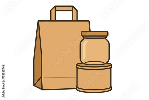 Brown paper shopping bag, glass jar, and cylindrical food container packaging set