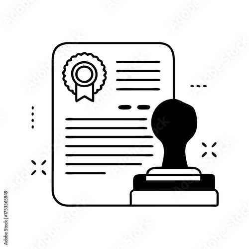 Illustration of a certificate with a seal and a stamp, simple line art