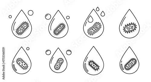 Eight black and white line art illustrations of teardrop shapes containing various cell structures with bubbles on a plain white background.