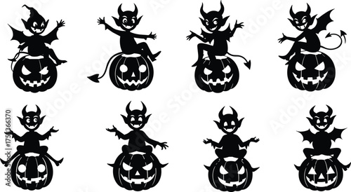 Cartoon Devil Silhouettes Sitting on Jack-o'-Lanterns – Halloween Vector Set with Horns, Wings, Tails, Playful Poses and Expressions