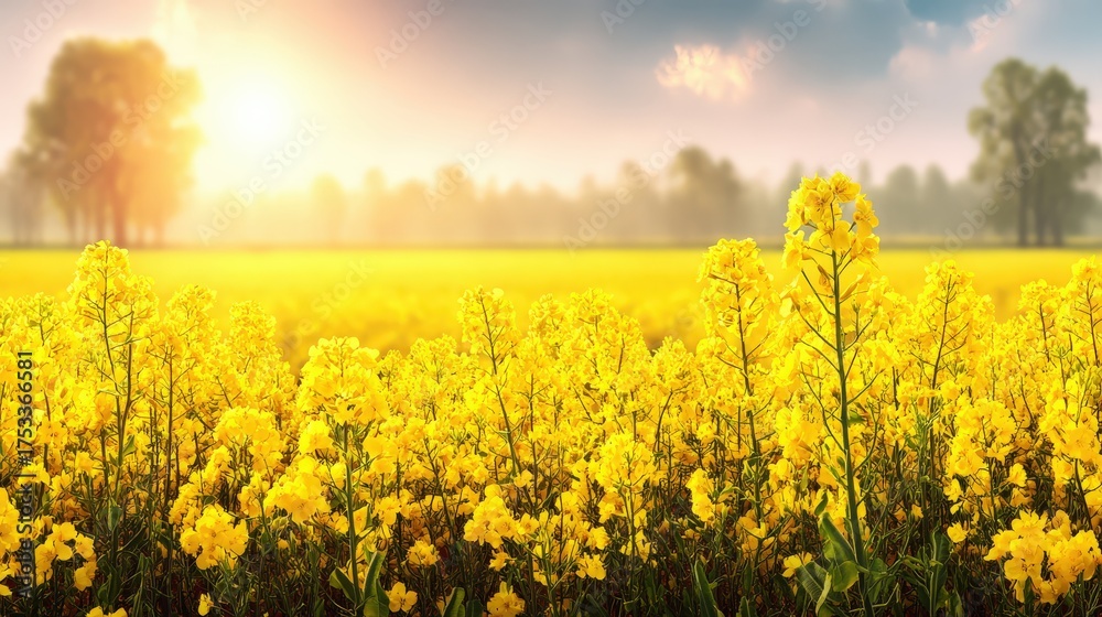 Obraz premium Vibrant field of yellow flowers under a sunrise sky