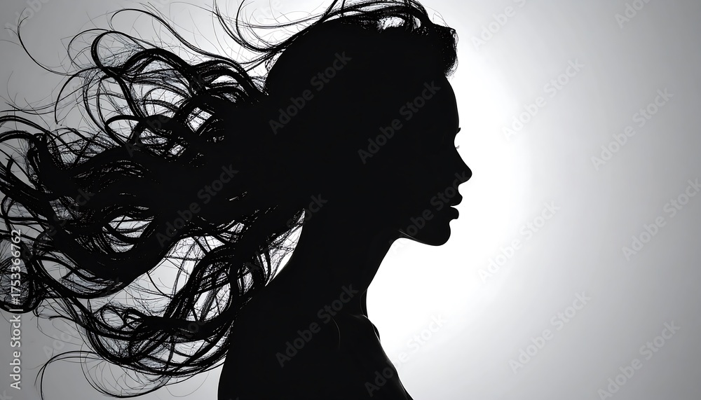 Naklejka premium A side-profile silhouette of a woman with flowing hair. The hair billows around her head and shoulders against a gradient white to grey backdrop