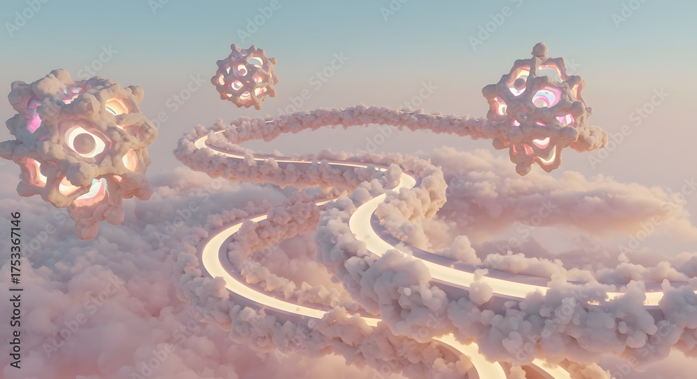 Obraz premium A surreal landscape featuring a winding road through fluffy clouds, connecting floating, illuminated, geometric structures in a soft, dreamy sky.