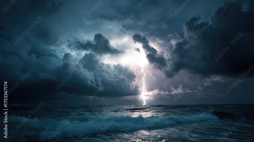 Naklejka premium Stormy seascape with lightning