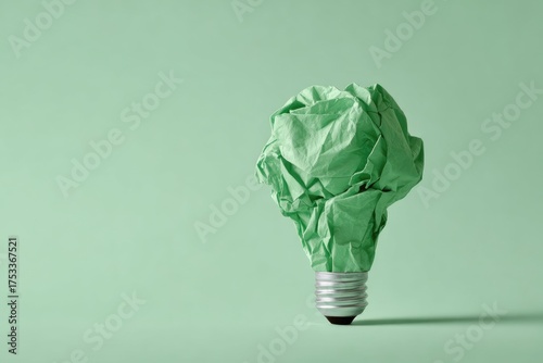 A green paper ball shaped like a lightbulb atop a metallic base, against a solid green backdrop