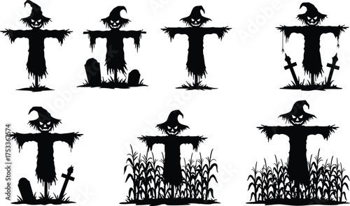 Scary Scarecrow Silhouettes with Graveyard and Cornfield Elements – Halloween Horror Vector Set for Creepy, Spooky, Eerie Design Themes