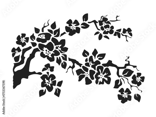 Vector isolated one cherry blossom branch with many flowers big side view  silhouette black and white stencil art craft print hand made decoration