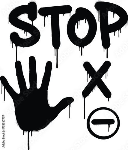 Stop Hand X Symbols Dripping Graffiti Style Isolated on Transparent Background