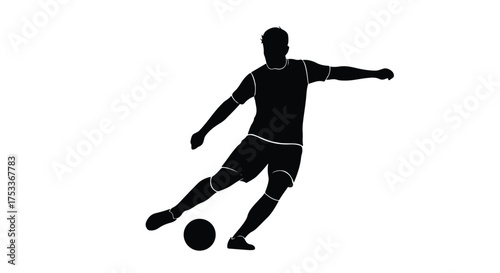 Dynamic soccer player silhouette kicking football. Isolated graphic icon of an athlete in action.