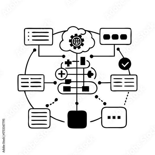 Vector art of cloud computing network infrastructure, showcasing data flow and connectivity