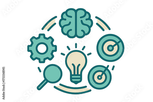 Flow of ideas, thinking, strategy, analysis, and execution using business icons