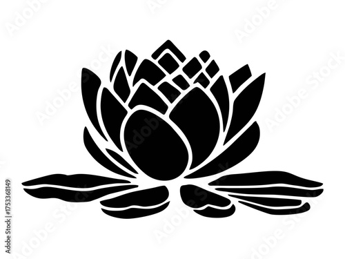 Vector isolated one lotus flower water lilly side view  silhouette black and white stencil art craft print hand made decoration