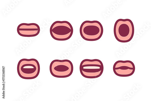 Eight stylized mouth shapes showing lip positions and expressions for animation