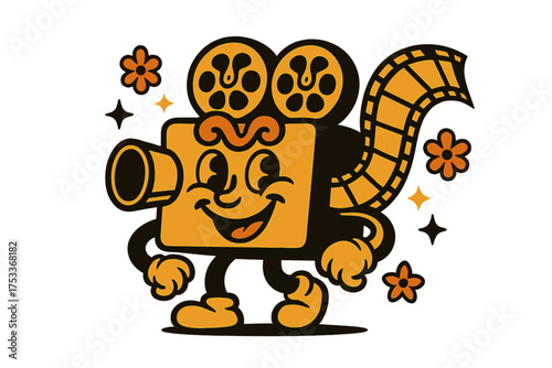 Retro cartoon movie camera mascot character with film strip and smiling face