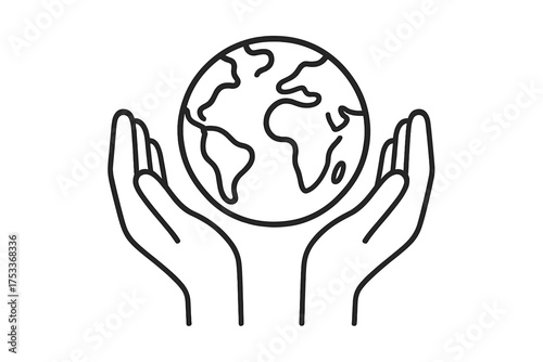 Outline illustration of human hands holding the Earth globe for environmental protection