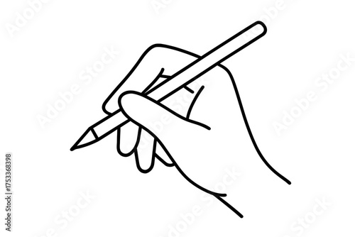 Human hand holding a pencil poised to write or draw simple outline sketch for education and creativity